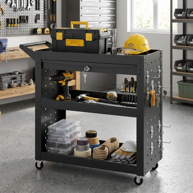 잠금식 바퀴가 달린 공구 카트, 3단 트레이가 있는 이 - Tools List For Workshop 리뷰 및 가격