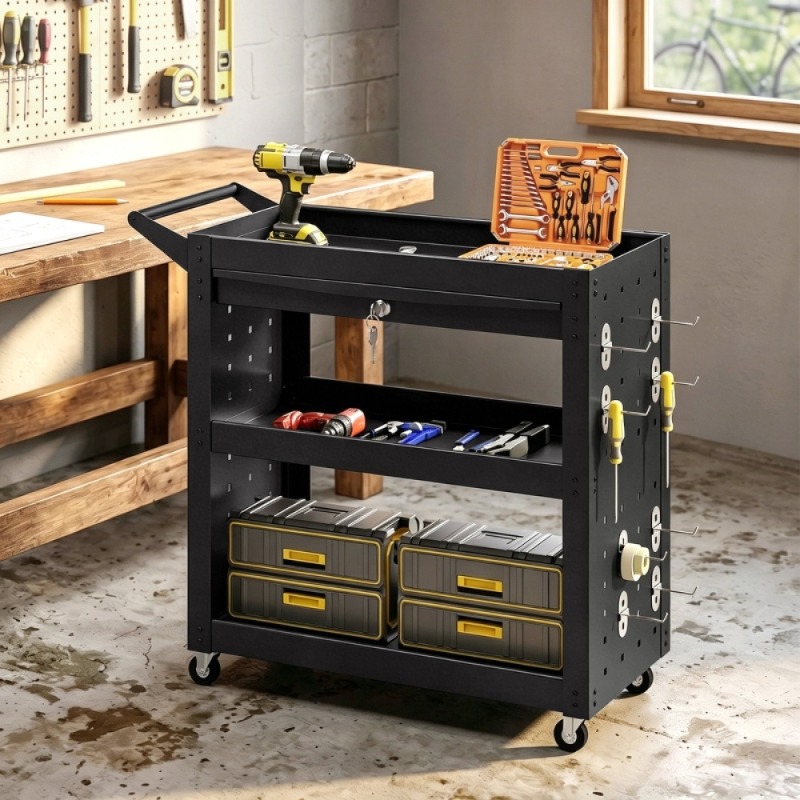 잠금식 바퀴가 달린 공구 카트, 3단 트레이가 있는 이 - Tools List For Workshop 리뷰 및 가격